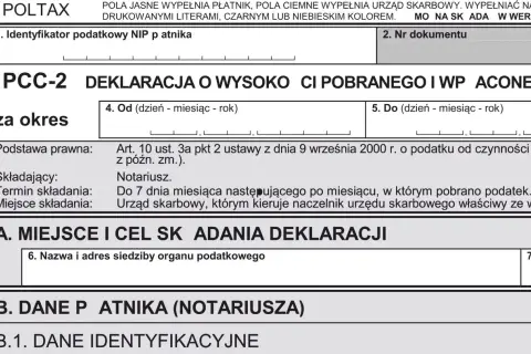 Deklaracja PCC-2 dotycząca podatku od zakupu nieruchomości. Wypełnia ją notariusz, podając dane płatnika i okres rozliczeniowy.