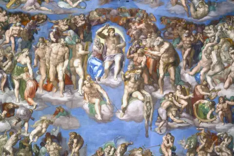 Die Sixtinische Kapelle, ein Meisterwerk, das an Leonardo da Vinci erinnert, zeigt eine Himmelsvision mit vielen Figuren.