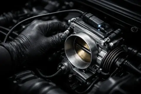 Mechanik w czarnej rękawiczce dokonuje adaptacji przepustnicy w silniku samochodowym.