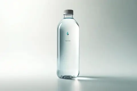 Przezroczysta butelka z wodą, z kroplą i napisem "WATER". Zastanawiasz się, ile waży litr wody?