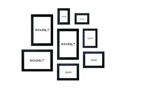 Kolekcja czarnych ram na zdjęcia: trzy 21x29,7, trzy 15x21 i dwa 10x15.