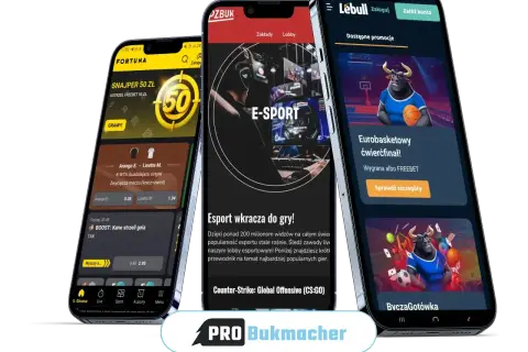 Trzy telefony z aplikacjami bukmacherskimi pokazują, co obstawiać u bukmachera: tenis, e-sport i koszykówkę.