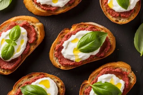 Chrupiące grzanki z kremowym serem, pikantną pastą (może nduja?) i świeżą bazylią. Pyszne, prawda?
