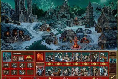 Nowy zamek Heroes 3 w zimowej scenerii. Widać budynki, wojska i zasoby.