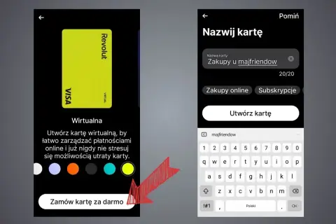 Tworzenie wirtualnej karty Revolut do zakupów online. Nazwa karty "Zakupy u majfriendow" ułatwi księgowanie.