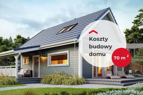 Nowoczesny projekt domu 70m2 bez pozwolenia. Elegancki, szary dom z tarasem i dużymi oknami, otoczony zielenią.