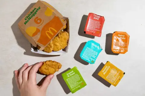 Ręka sięga po jednego z chrupiących McNuggetsów z pudełka. Obok leży zestaw sosów: Tangy BBQ, Spicy Buffalo, Ranch, Sweet 'N Sour i Honey Mustard.