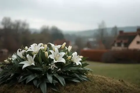 Białe lilie na tle wiejskiego krajobrazu. Wieniec pogrzebowy symbolizuje pamięć i szacunek, a zasiłek pogrzebowy KRUS pomaga w trudnych chwilach.