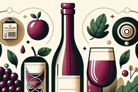 Ilustracja z winem, jabłkami i winogronami. Może symbolizować przyczyny musowania wina, które powinno być spokojne, np. błędy fermentacji.