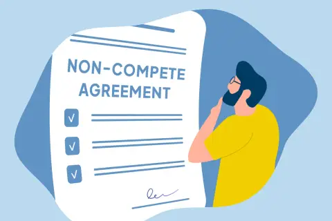 A person ponders a noncompete agreement, with checkboxes and lines for terms.