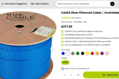 Błękitny kabel Ethernet Cat6A na szpulce. Długość 1000ft. Czy długość kabla Ethernet ma znaczenie? Tak, ten kabel zapewnia wydajność do 100m.