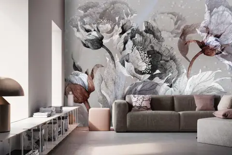 Elegancka tapeta z motywem monochromatycznych kwiatów, dodająca wnętrzu subtelności i stylu.