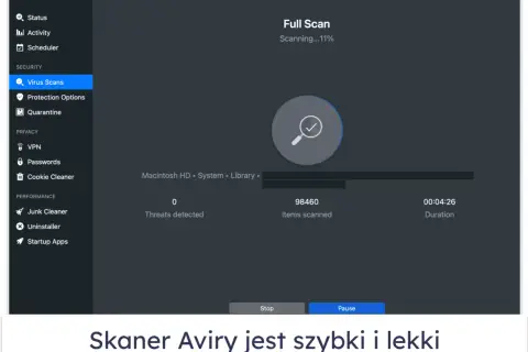 Skanowanie komputera programem antywirusowym Avira Free Security. Pełne skanowanie trwa, wykryto 0 zagrożeń.