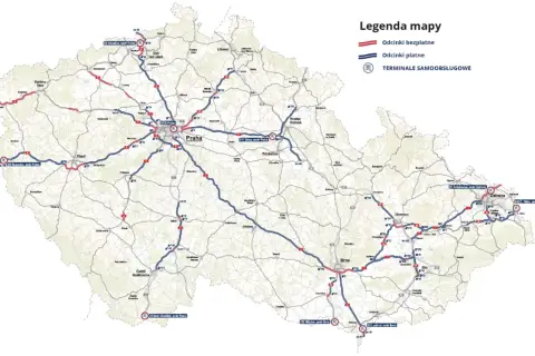 Mapa Czech z zaznaczonymi odcinkami płatnymi i bezpłatnymi autostrad. Gdzie kupić e-winiety Czechy? Sprawdź legendę mapy.