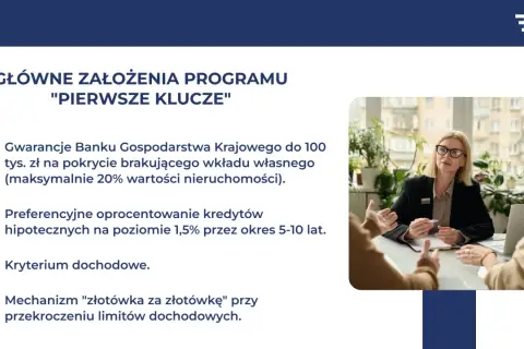 Główne założenia programu "Pierwsze Klucze": gwarancje BKG, preferencyjne oprocentowanie kredytów hipotecznych, kryterium dochodowe i mechanizm "złotówka za złotówkę".