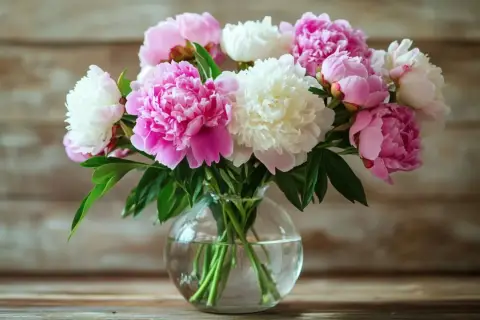 Un bouquet de pivoines roses et blanches dans un vase en verre. La pivoine blanche signification évoque la pureté et la beauté.