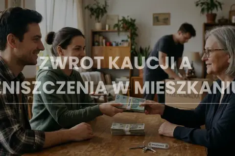 Młoda para oddaje pieniądze starszej kobiecie, klucze do mieszkania i stos banknotów na stole. Czy brudne ściany wpłyną na zwrot kaucji?