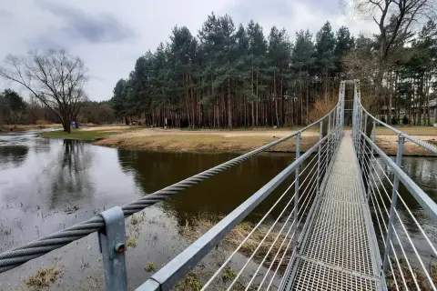 Metalowy most wiszący w Polsce nad rzeką, otoczony lasem sosnowym i piaszczystym brzegiem.