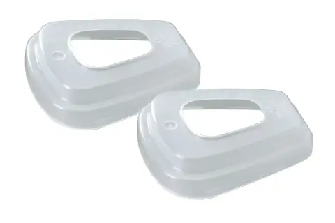 Dwa białe, plastikowe adaptery 3M 7502 do masek ochronnych.