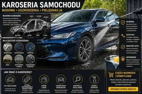 Niebieski samochód podczas mycia, z widocznymi elementami karoserii i informacjami o jej budowie i pielęgnacji.