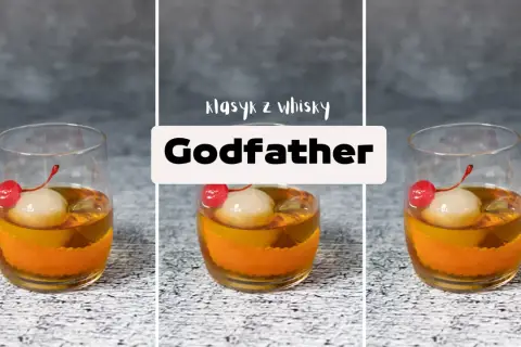 Klasyczny drink "Godfather" z amaretto i szkocką whisky, ozdobiony wiśnią i lodem.