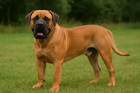 Un imposant chien sud-africain, au pelage fauve et au regard attentif, se tient fièrement sur une pelouse verdoyante.