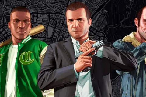 Trzech bohaterów GTA V: Franklin z kijem baseballowym, Michael z pistoletem i Trevor z zakrwawioną ręką. Szukasz kodów do GTA V Xbox?