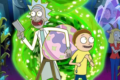 Rick e Morty, con un portale verde brillante, un uovo colorato e una capra. Le recensioni di Rick and Morty sono sempre folli!
