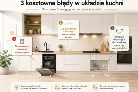Projektowanie kuchni online: błędy w układzie - źle ustawiona zmywarka, za mało blatu roboczego, niepasujące przyłącza.