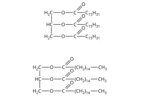 Struktury chemiczne: tristearynian glicerolu i tripalmitynian glicerolu.