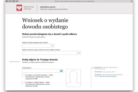 Formularz wniosku o wydanie dowodu osobistego. Wybierz powód ubiegania się o dowód i dodaj zdjęcie.