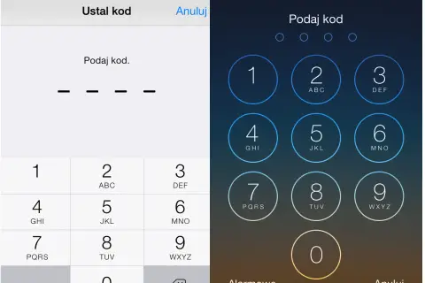 Dwa ekrany blokady iPhone'a: jeden z polami do wpisania kodu, drugi z klawiaturą numeryczną.