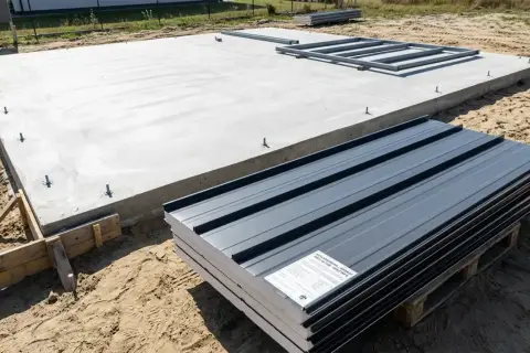 Fundament pod garaż z płyty warstwowej projekt. Betonowa płyta z kotwami i stosem szarych paneli gotowych do montażu.