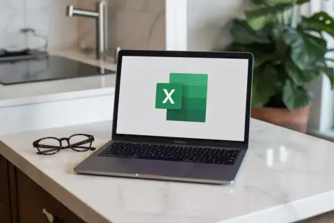 Laptop z logo Excel, gotowy do pracy nad mnożeniem w arkuszu kalkulacyjnym. Obok okulary.