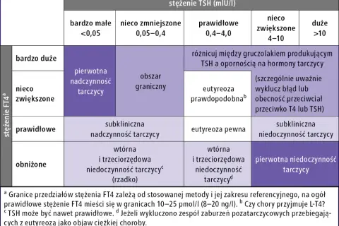 Wykres przedstawia interpretację wyników TSH i FT4. Wysokie TSH w połączeniu z niskim FT4 wskazuje na pierwotną niedoczynność tarczycy.