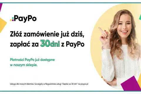 Uśmiechnięta kobieta zachęca do zakupów z PayPo. Zamów dziś i zapłać za 30 dni. Płatności PayPo dostępne w sklepie.