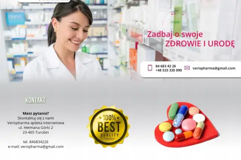 Uśmiechnięta farmaceutka w aptece Verispharma. Dbaj o zdrowie i urodę z nami. Maxiluten dla lepszego samopoczucia.