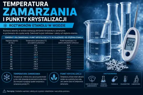 Tabela pokazuje, w jakiej temperaturze zamarza wódka (roztwór etanolu w wodzie) w zależności od stężenia. Np. 50% etanol zamarza przy -28,7°C.