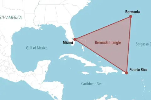 Mapa pokazuje, gdzie znajduje się trójkąt bermudzki: między Miami, Bermudami i Puerto Rico.