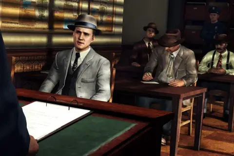 Detektyw Cole Phelps przesłuchuje świadków w sprawie, która może być kluczowa dla **la noire spolszczenie**.
