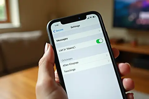 Dłoń trzyma iPhone'a z włączonymi ustawieniami wiadomości. Zielony przełącznik obok "Messages" sugeruje, że iMessage nie działa, mimo że opcja jest aktywna.