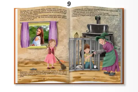 Ilustracja z baśni: Baba Jaga wtrąca Jasia do klatki, a Małgosia sprząta.