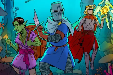 Goblin, rycerz i mag w surrealistycznym krajobrazie pełnym grzybów. To przygoda w stylu planescape.