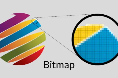 Kolorowy symbol z powiększeniem ukazującym jego pikselową strukturę. Słowo "Bitmap" pod spodem.