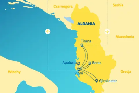 Mapa pokazuje lotniska w Albanii i połączenia lotnicze do Tirany, Wlory, Apolonii, Beratu i Gjirokastry.