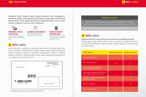 e INFO: odbiór to usługa Poczty Polskiej, dzięki której szybko i bezpiecznie sprawdzisz status przesyłek poleconych.