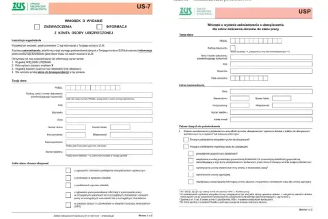 Wniosek o wydanie zaświadczenia o ubezpieczeniu dla celów doliczenia okresów do stażu pracy. Wypełniony formularz ZUS US-7, dokument potwierdzający wysługę lat.