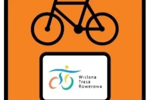 Znak rowerowy z symbolem roweru i logo "Wiślana Trasa Rowerowa". Idealny do planowania podróży z plikiem GPX.