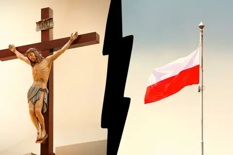 Krzyż z Jezusem i polska flaga. Symbolika religii i narodu.