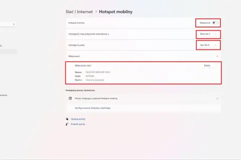 Ustawienia Hotspotu mobilnego: jak udostępnić hotspot na komputer. Widok panelu "Sieć i Internet" z opcjami konfiguracji.